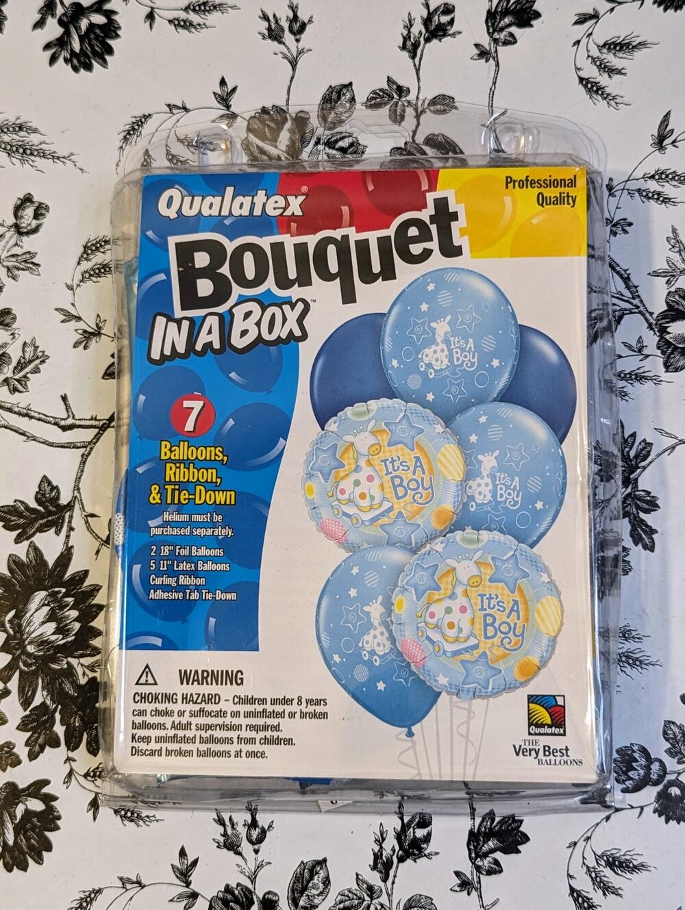 NWT Qualatex Bouquet In A Box It's A Boy Baby Giraffe 7 Balloons Ribbon Tie-down